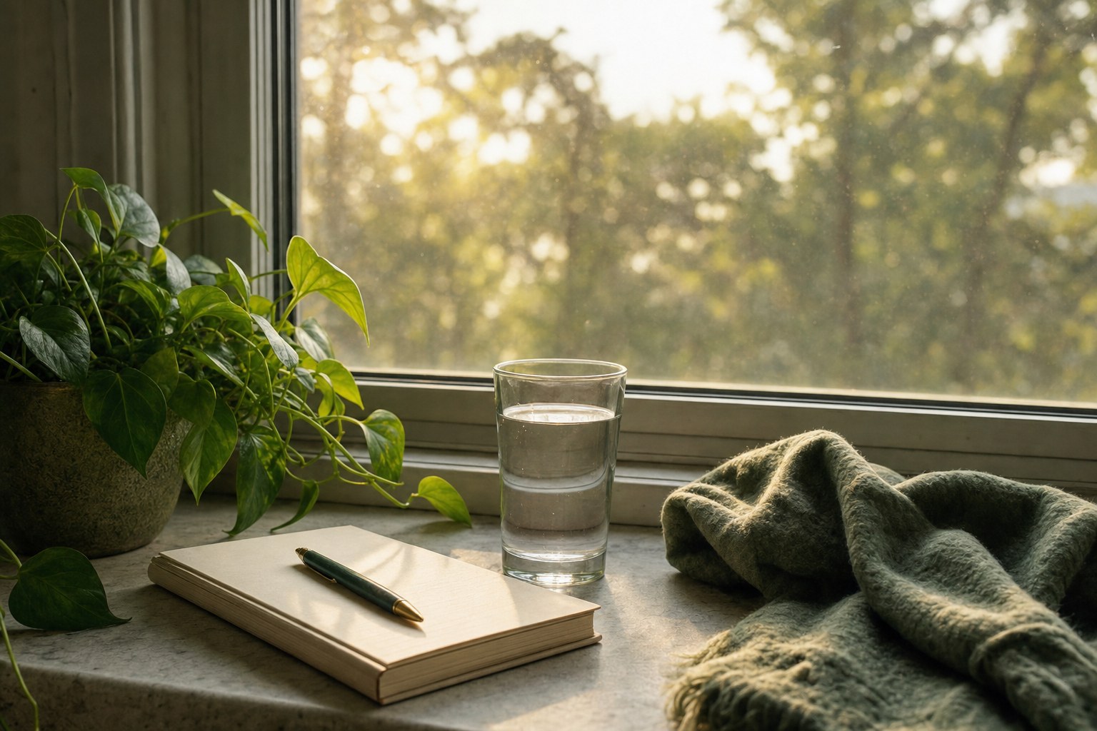 A glass of water, notebook, pen, plant, and soft blanket in gentle morning light