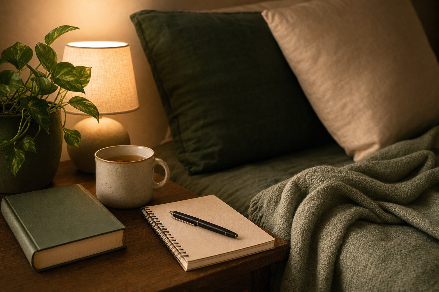 A bedside table with tea, a journal, a book, a lamp, and a soft blanket