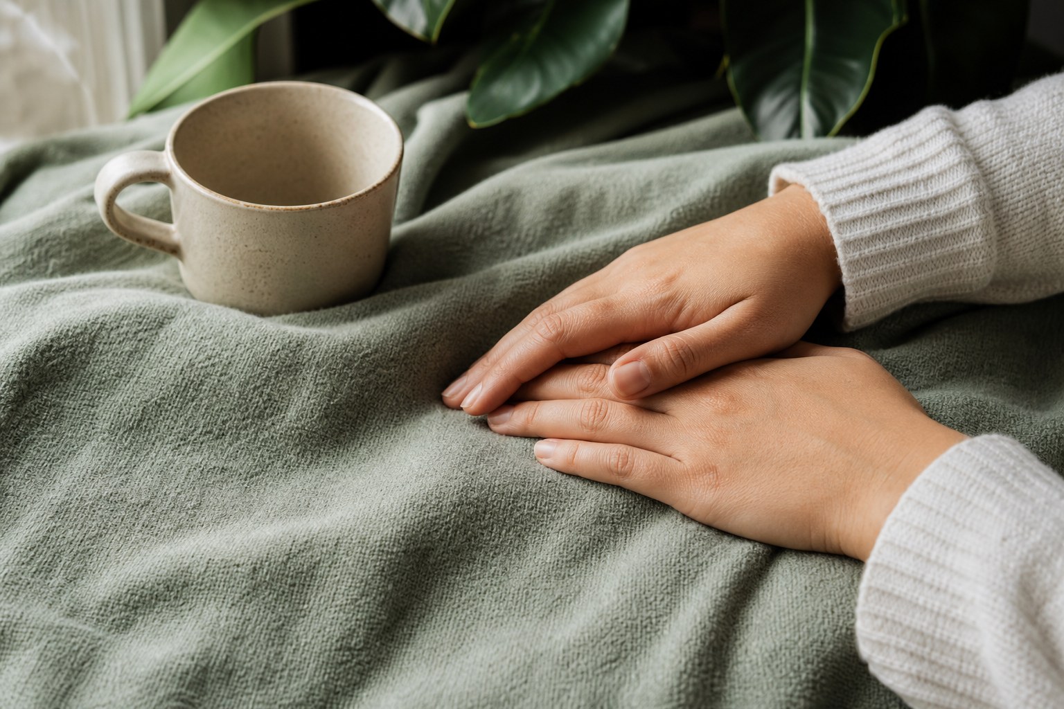 Hands resting on a soft green blanket beside a ceramic cup