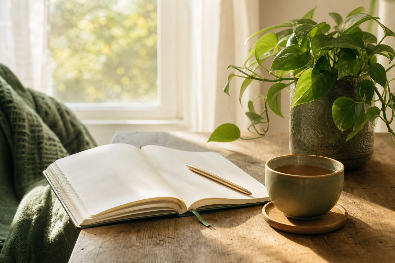 Journal, tea, and a plant in soft morning light
