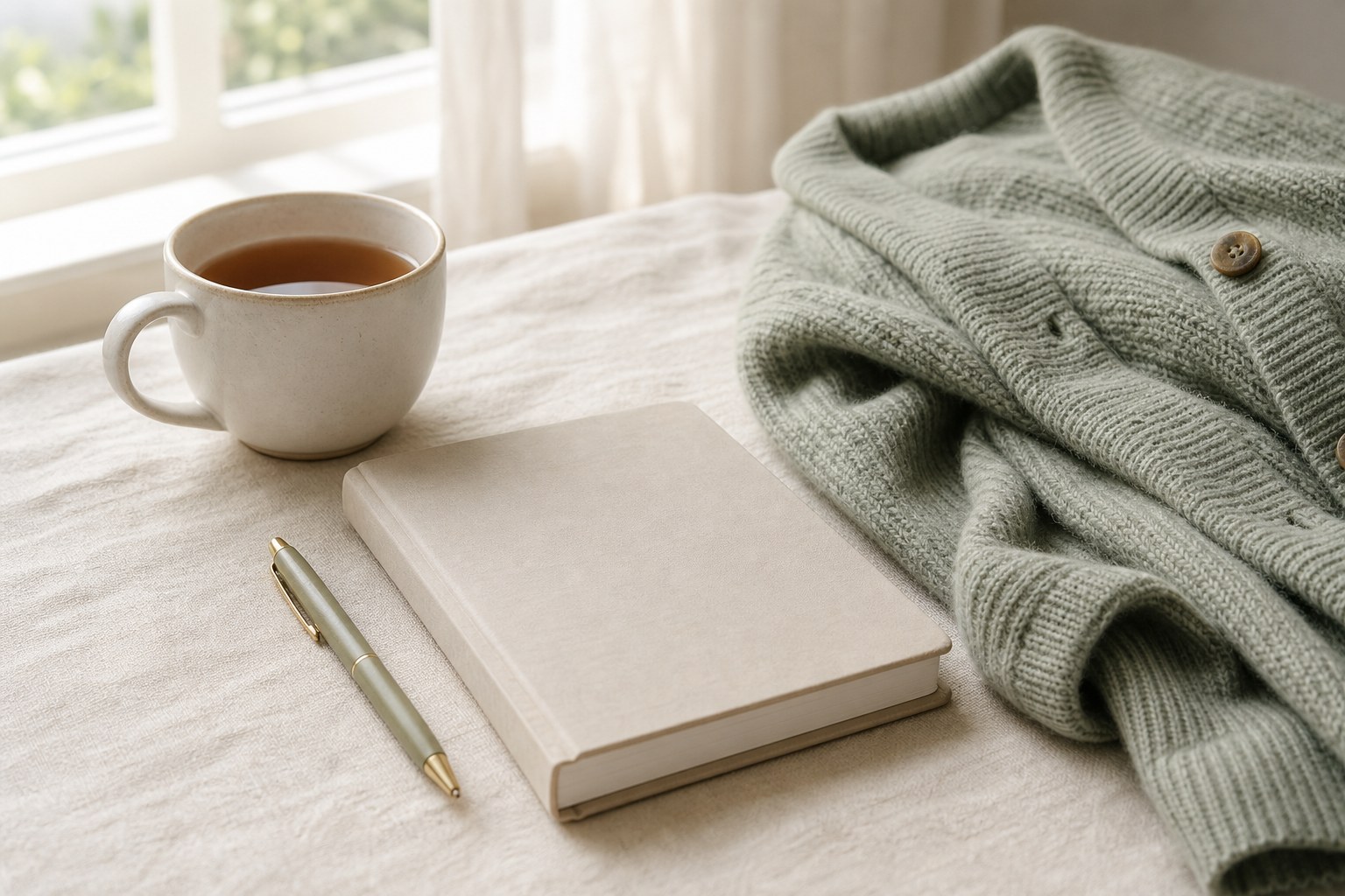 Tea, a blank notebook, pen, and sage cardigan in soft window light