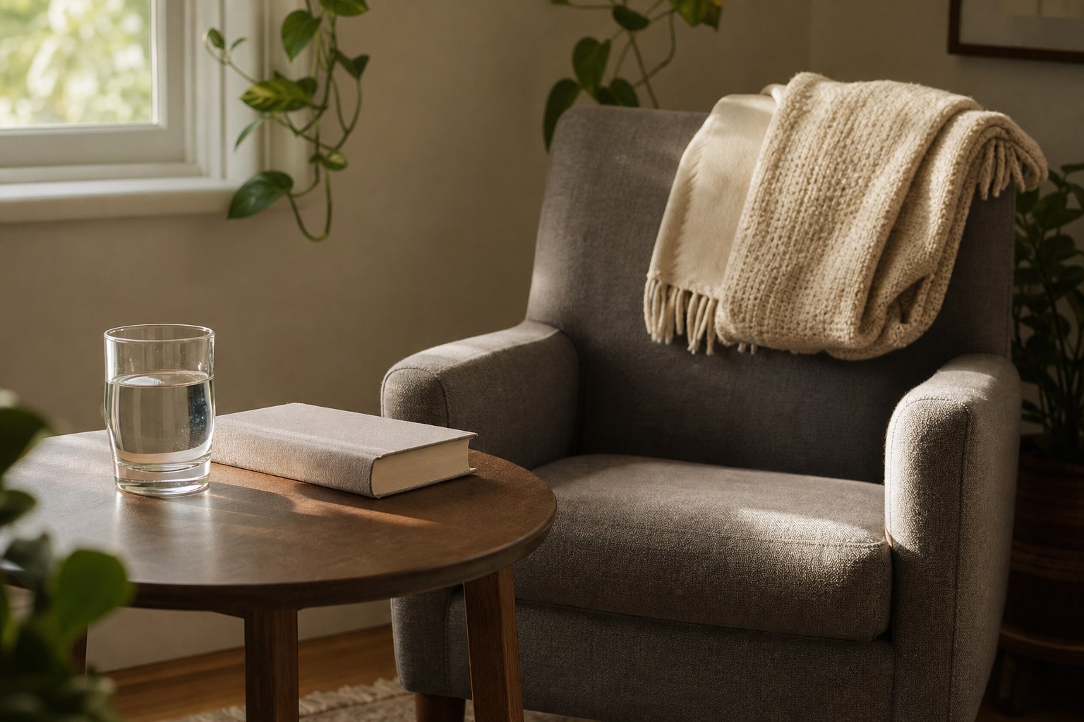A comfortable chair with a blanket, glass of water, and closed book in soft afternoon light