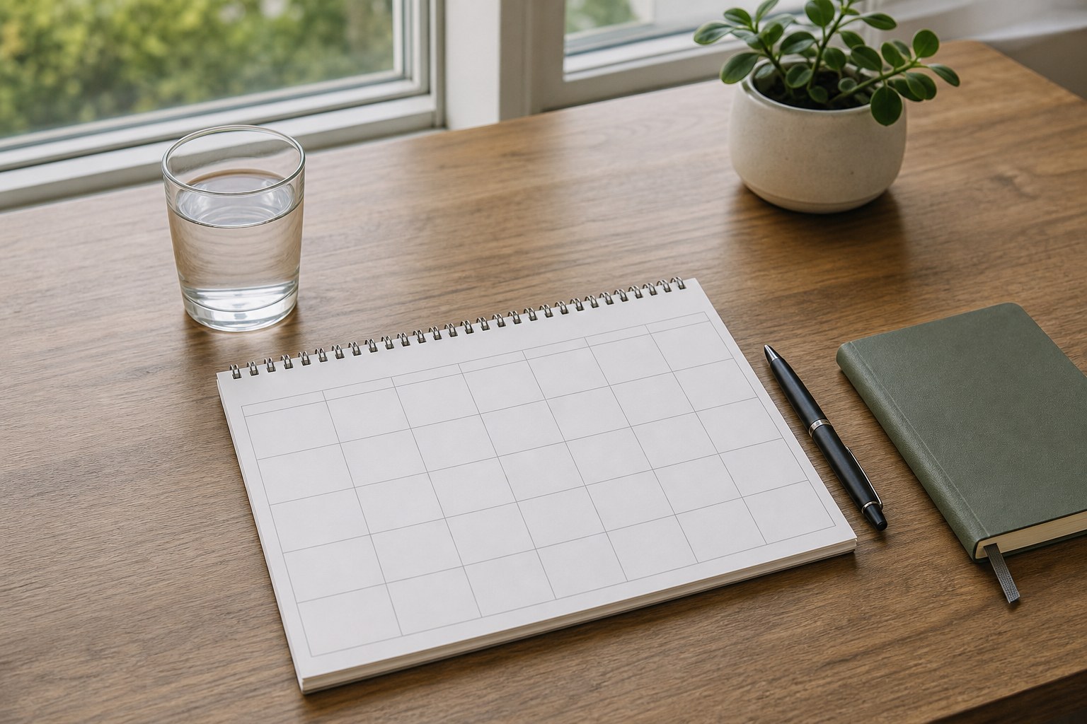 A blank calendar, glass of water, pen, and green notebook on a wooden desk