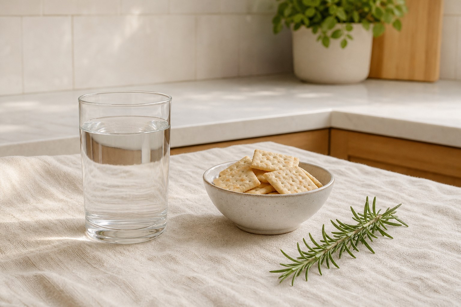 A glass of water and bowl of plain crackers on a sunlit kitchen counter