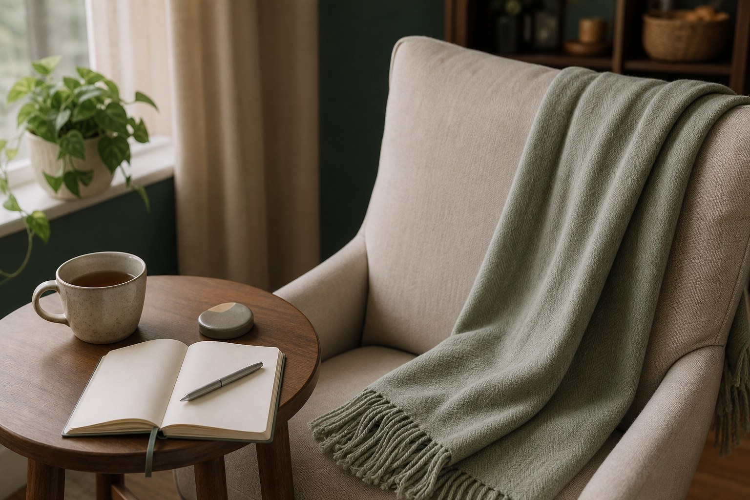 A quiet chair with a sage blanket, tea, open journal, and timer