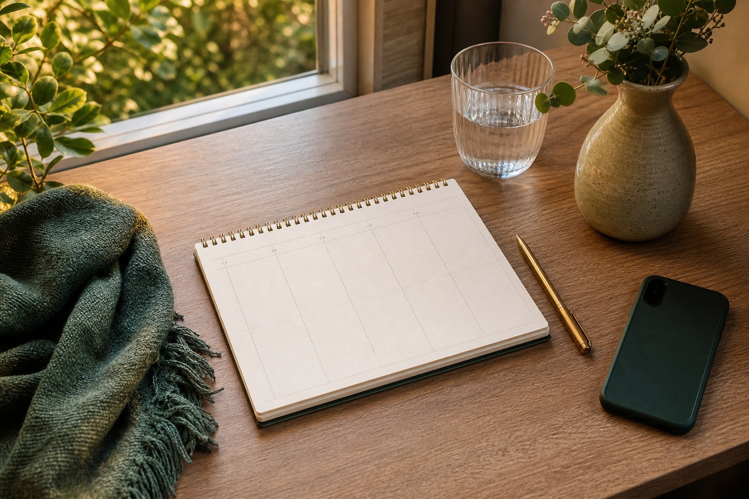 A blank weekly planner, water, and pen on a desk beside a window