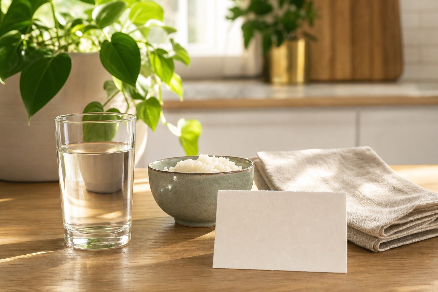 Water and a small bowl of rice on a sunlit kitchen counter