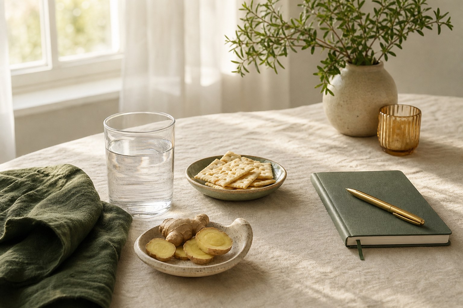 Water, crackers, ginger, and a notebook on a sunlit table