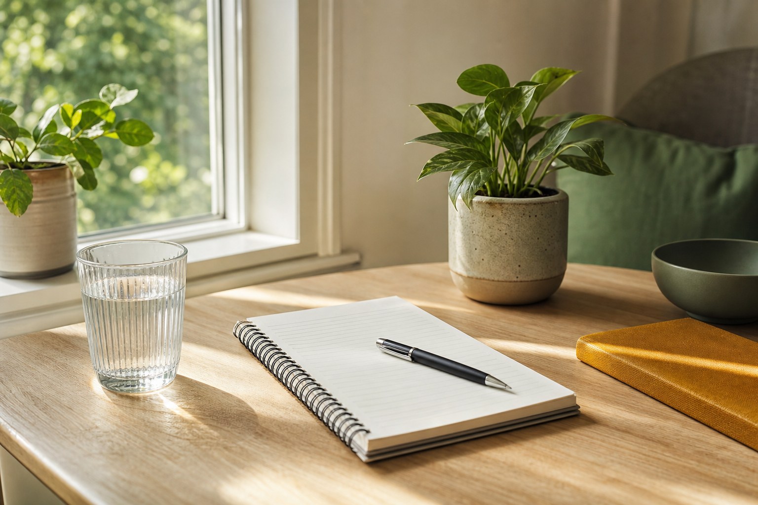 Notebook, pen, water, and plants on a sunlit desk