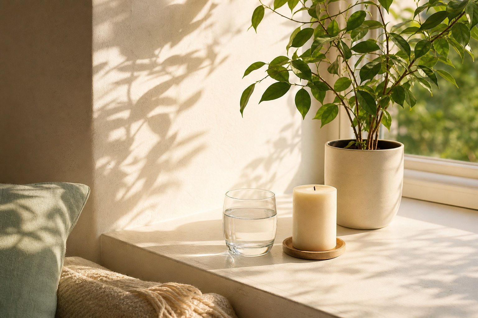 A glass of water and a candle on a sunlit windowsill beside a leafy plant