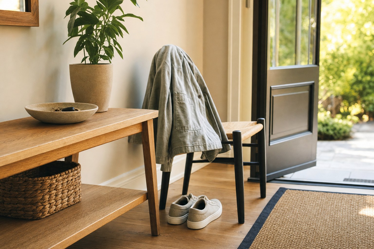 A jacket and shoes ready near a sunlit home entryway