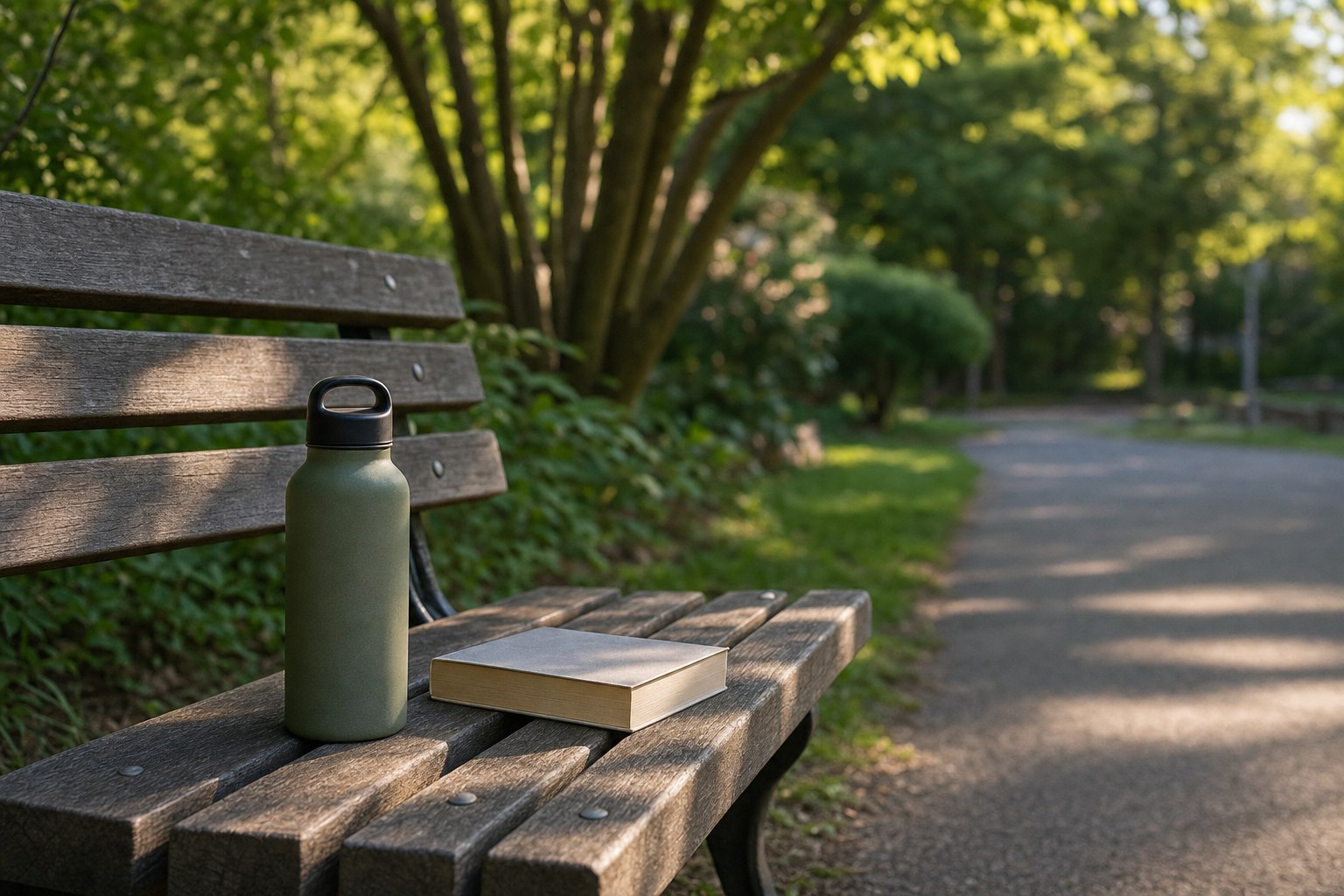 A water bottle and closed book resting on a quiet park bench
