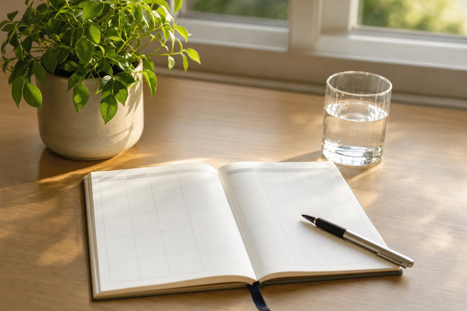A blank weekly planner, pen, water, and a plant on a sunlit desk
