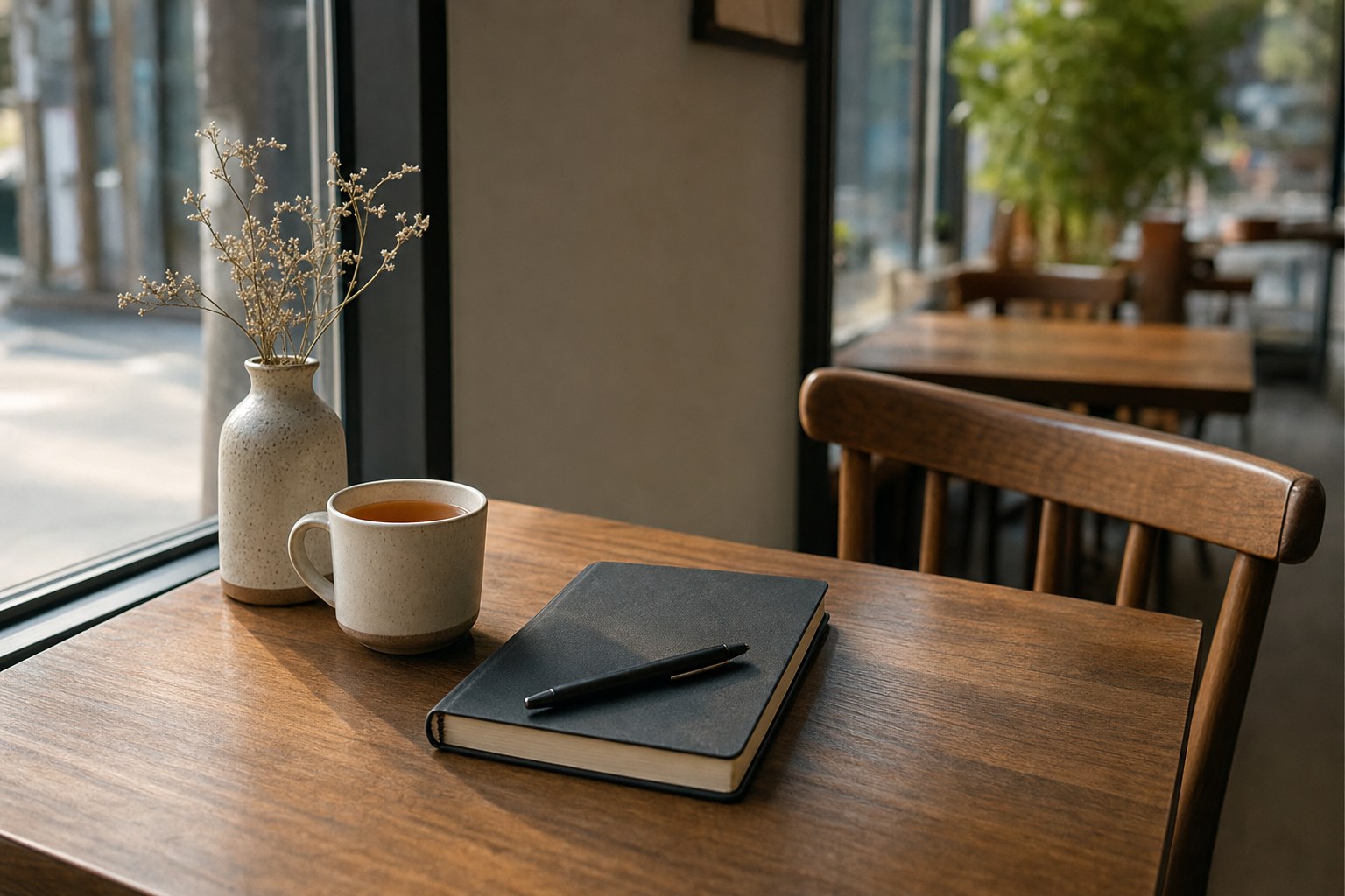 Tea and a notebook on a quiet cafe table beside an empty chair