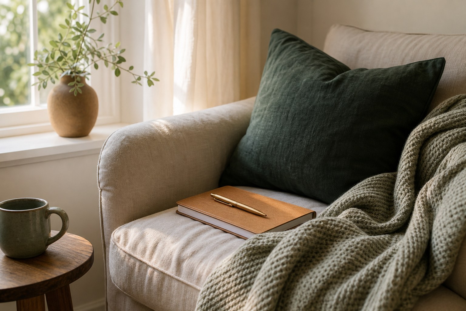 A quiet chair with a journal and knitted throw near a window
