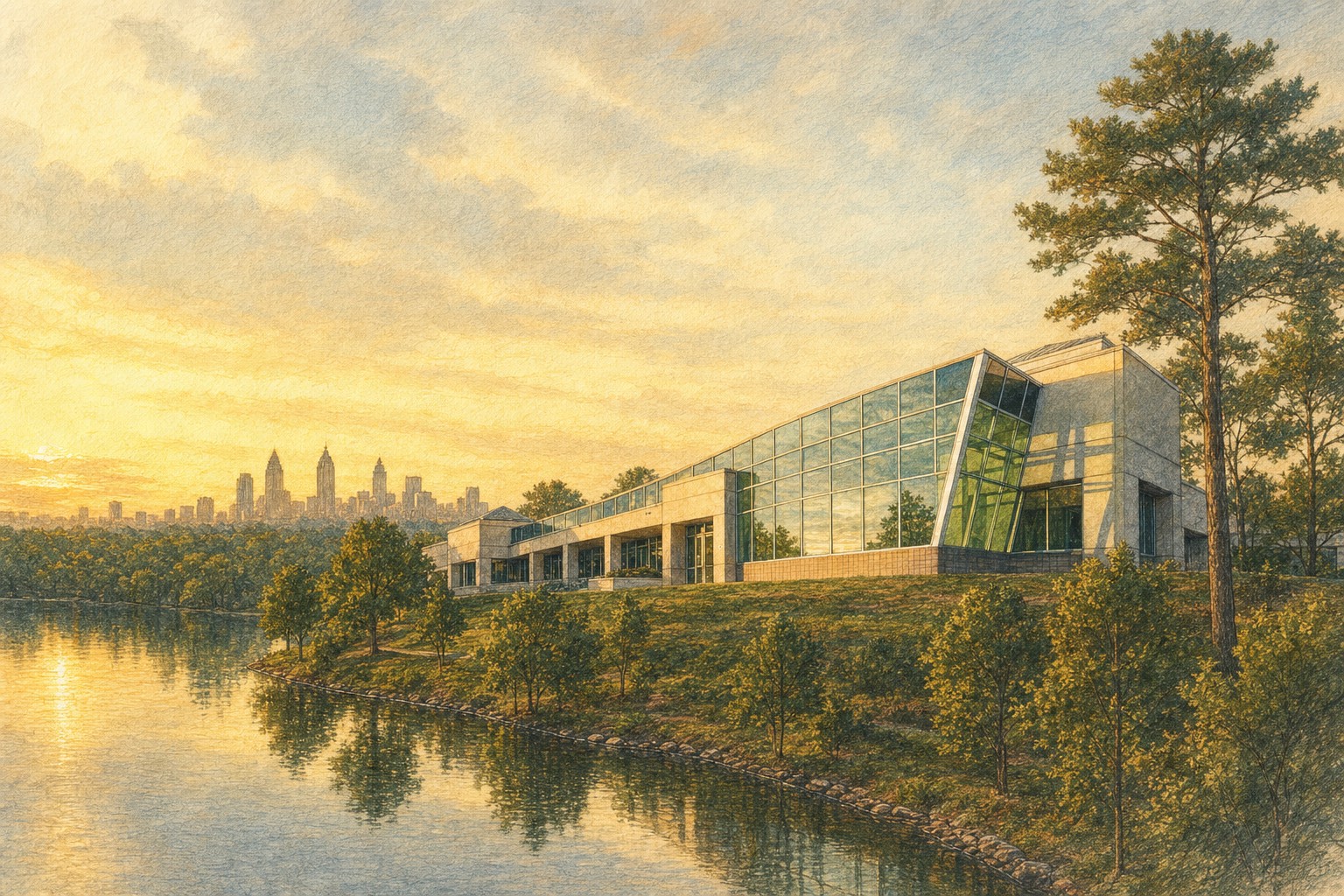 Illustrated conceptual Atlanta landscape with a modern treatment campus