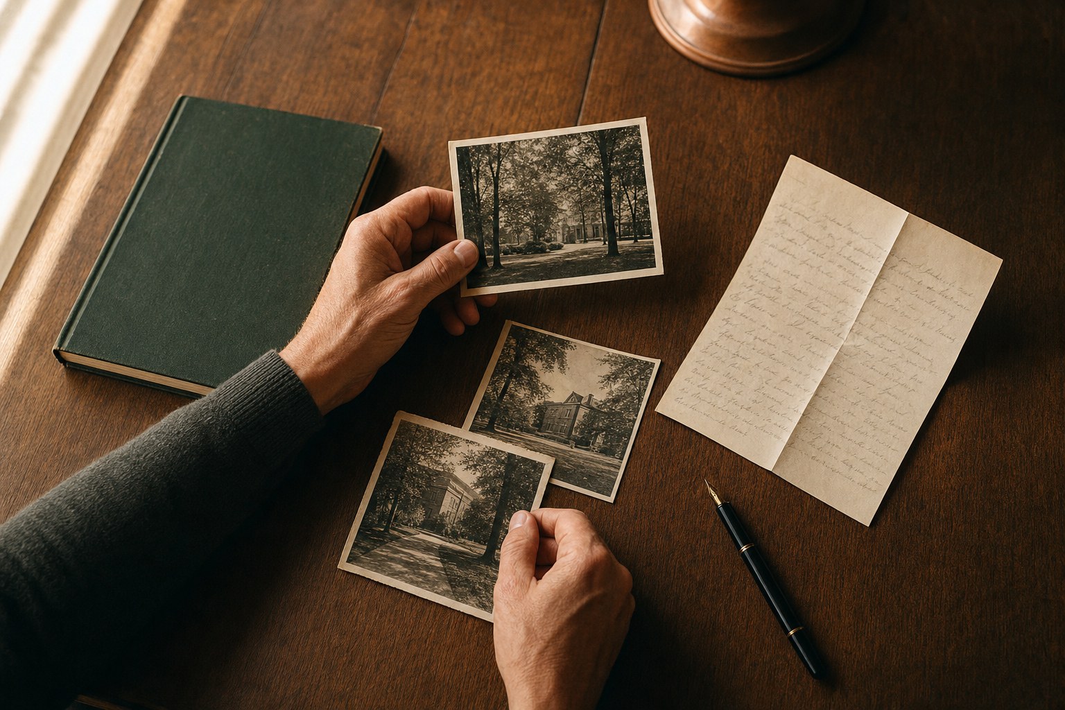 Hands arranging archival campus photographs and notes on a wood table