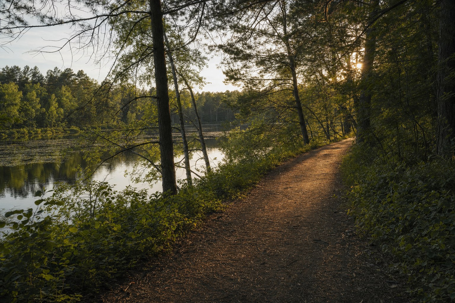 Quiet wooded path beside a lake