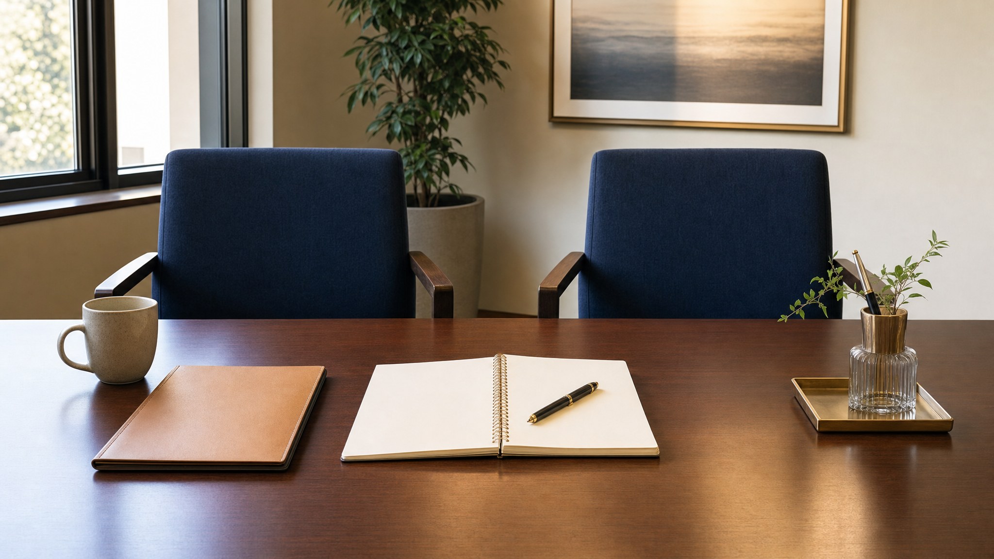 Two prepared chairs and a notebook ready for a client conversation