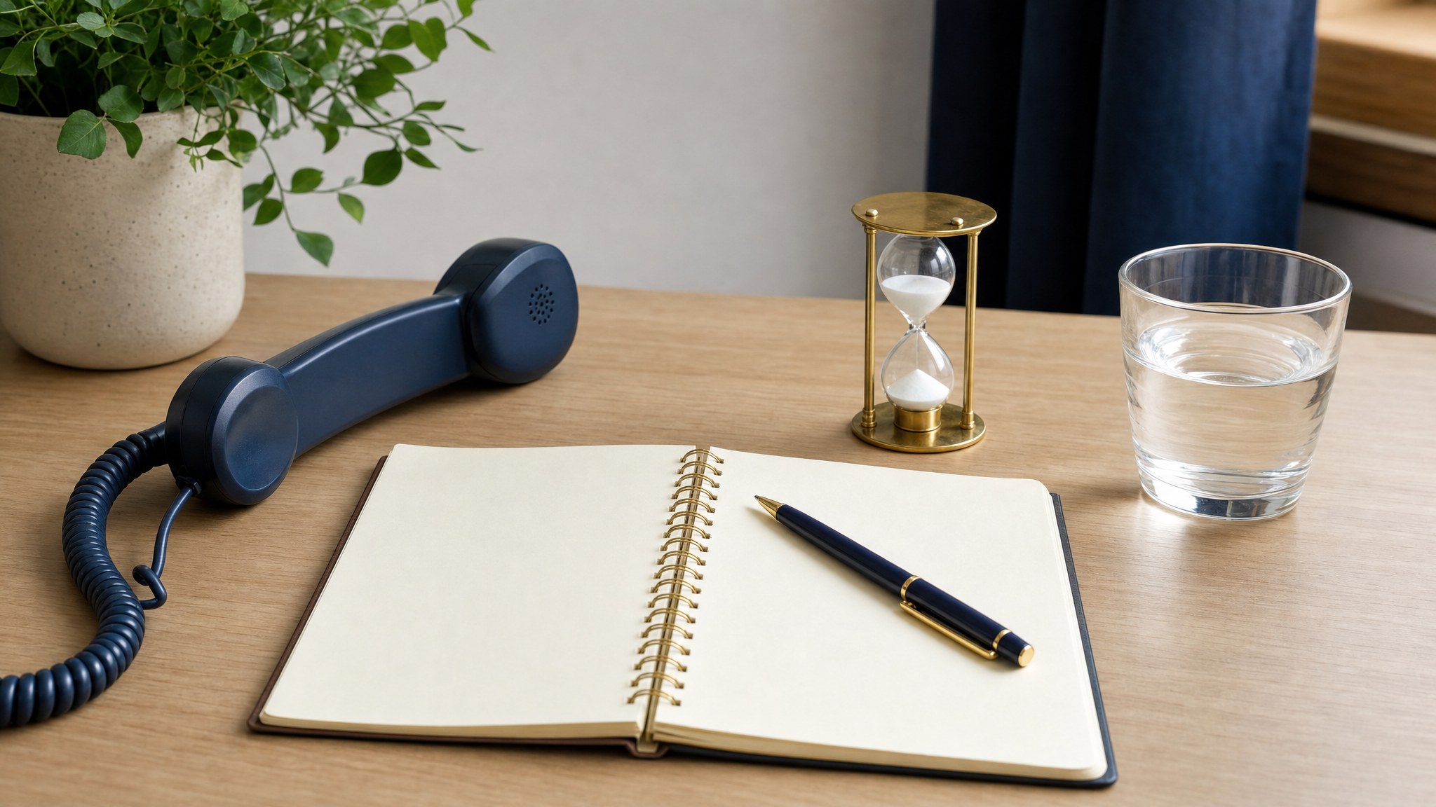 Phone, notebook, and timer arranged for a thoughtful follow-up call