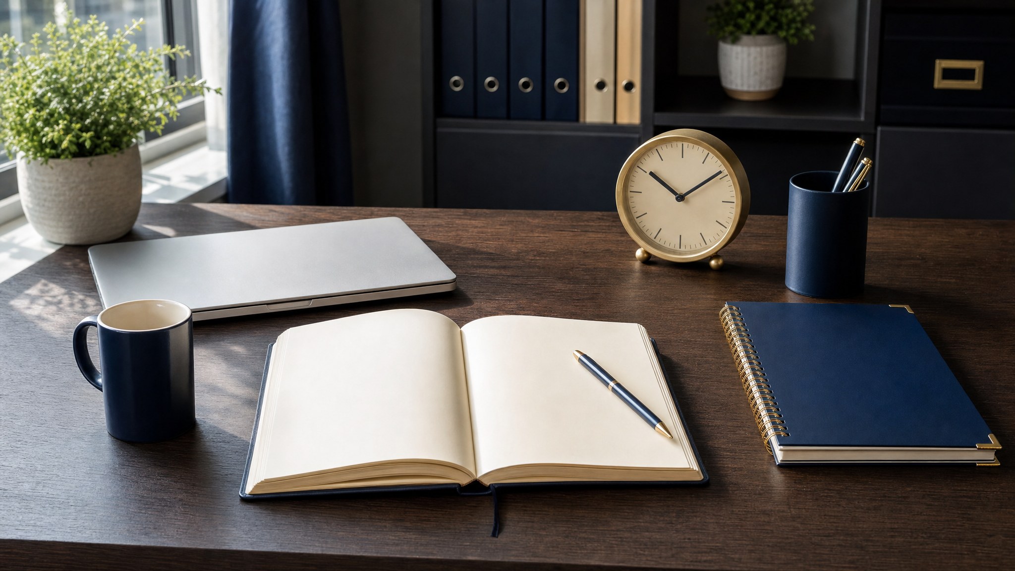 Prepared life insurance sales workspace with a notebook, clock, and laptop