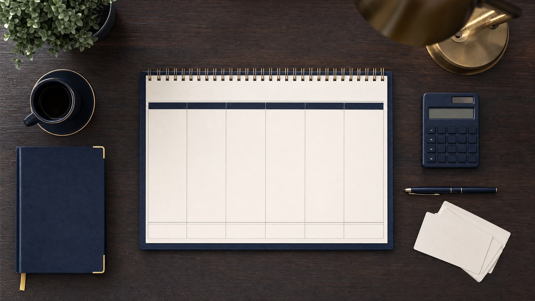 Blank weekly planner, calculator, and appointment cards prepared for a sales review