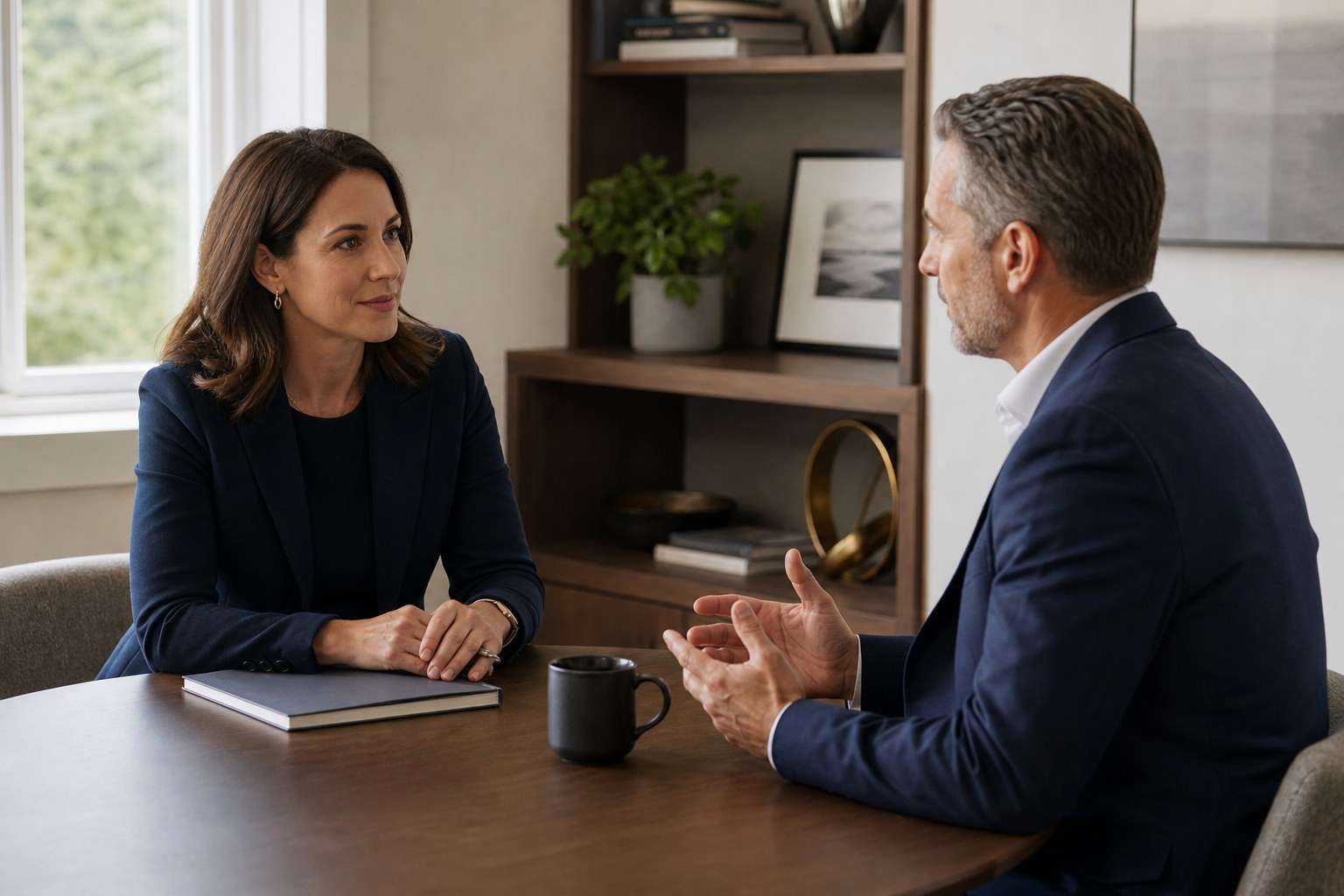 Two professionals having a calm and attentive conversation across a table