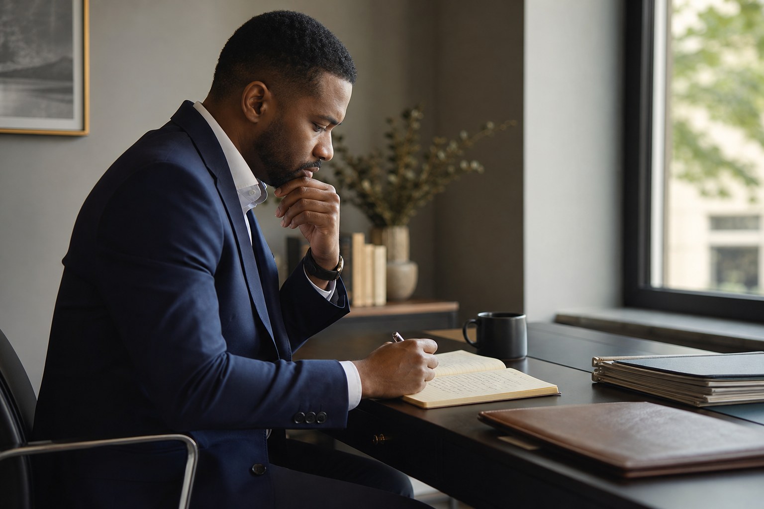 Insurance professional preparing notes before a client conversation