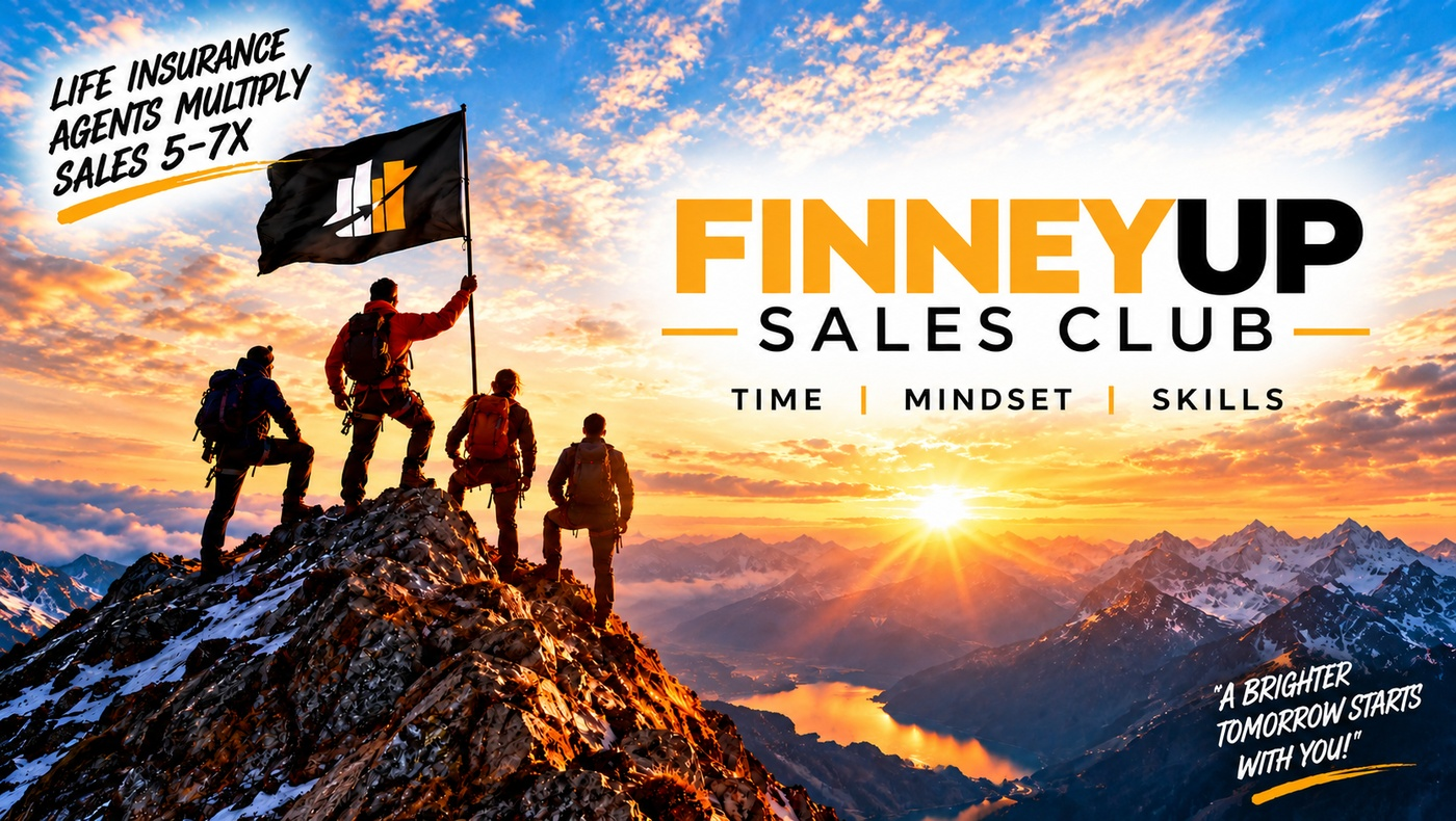 FINNEYUP Sales Club: Time, Mindset, Skills, with climbers reaching a mountain summit