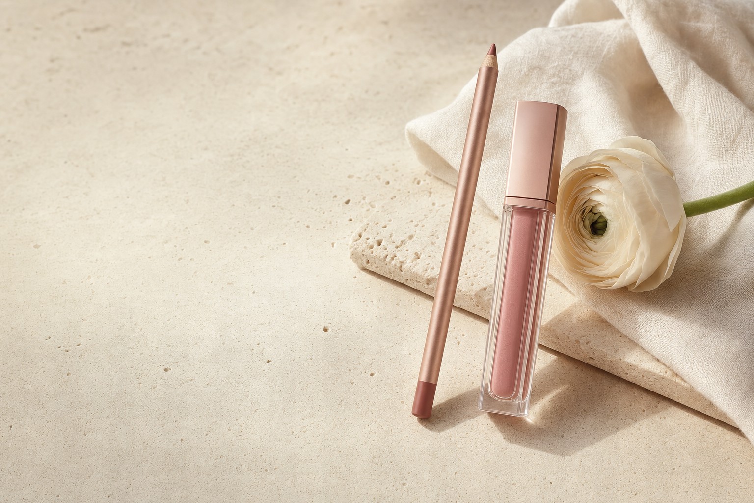 Nude lip liner and blush gloss arranged with a flower on warm stone