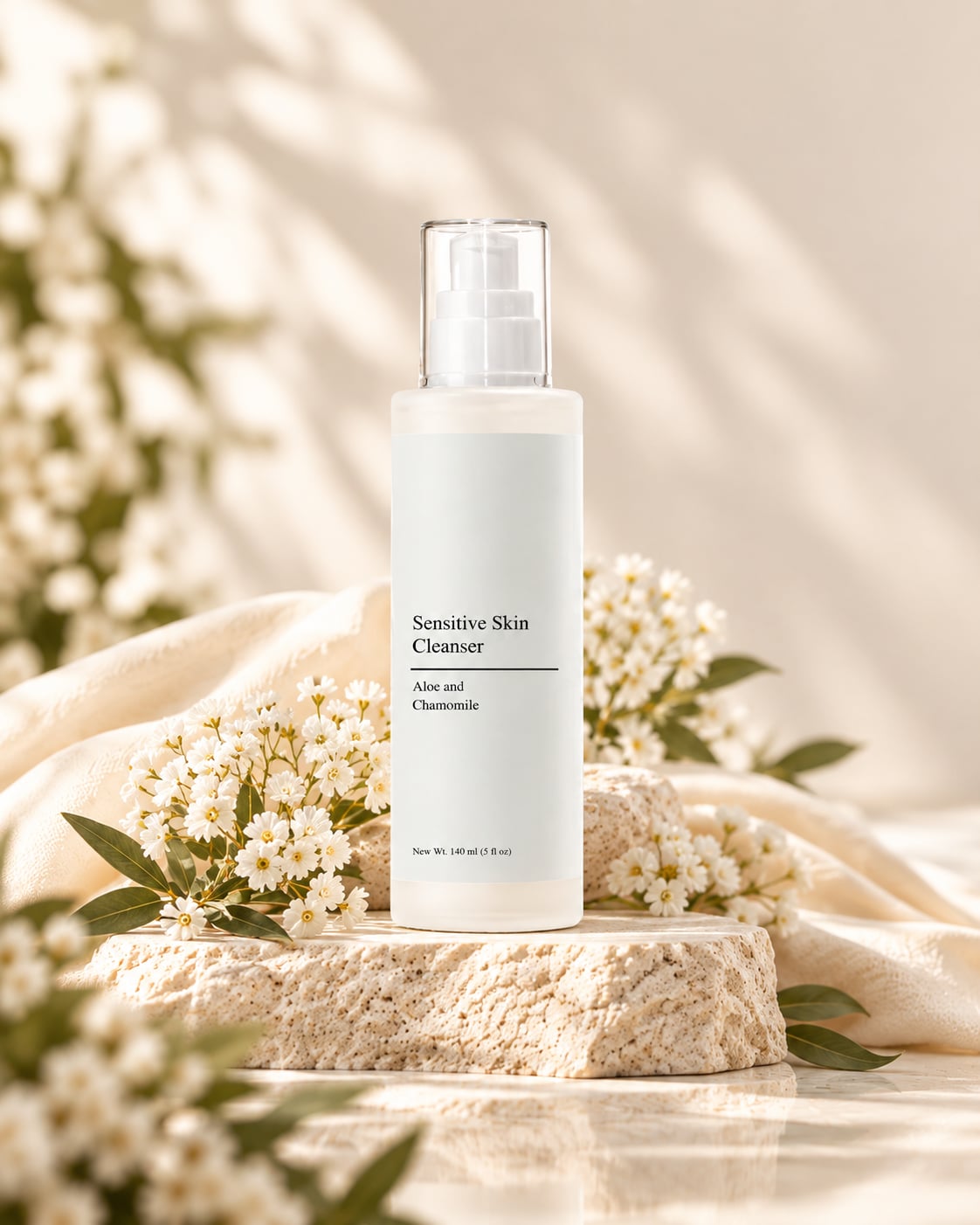 Nudelle Sensitive Skin Cleanser in a warm botanical setting
