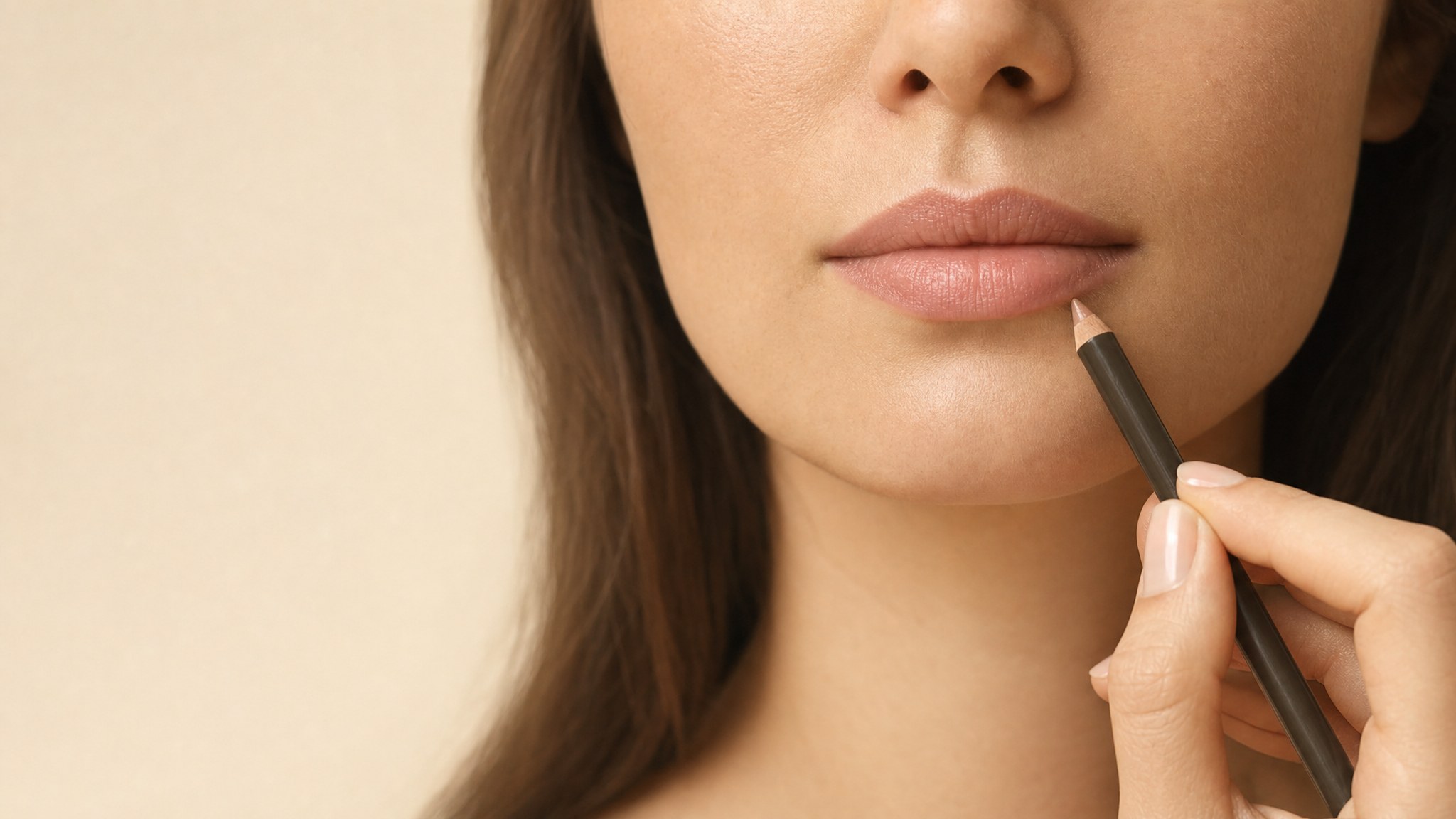 Clear lip liner being applied around a soft nude lip