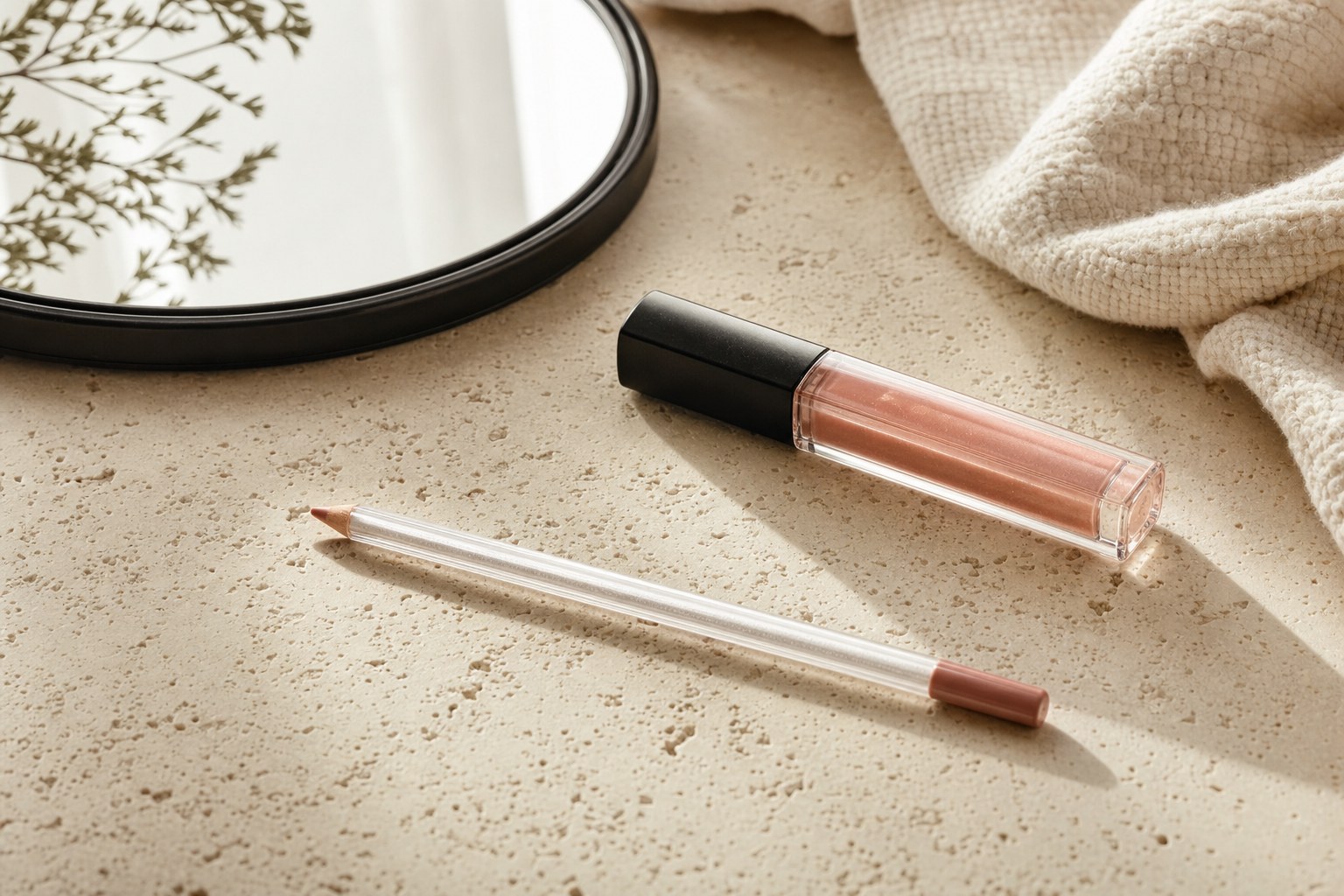 Clear lip liner, gloss, and a compact mirror arranged on a warm neutral surface