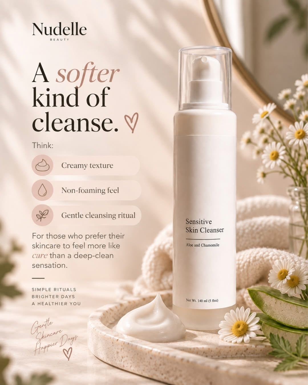 Nudelle Sensitive Skin Cleanser in a warm, botanical setting