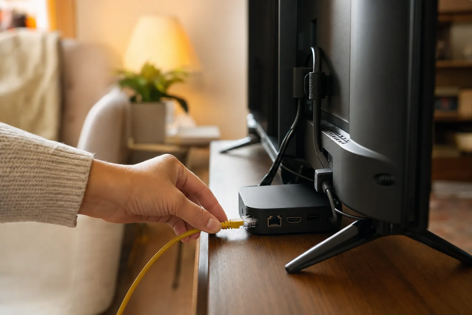 Ethernet cable being connected to a streaming device behind a television