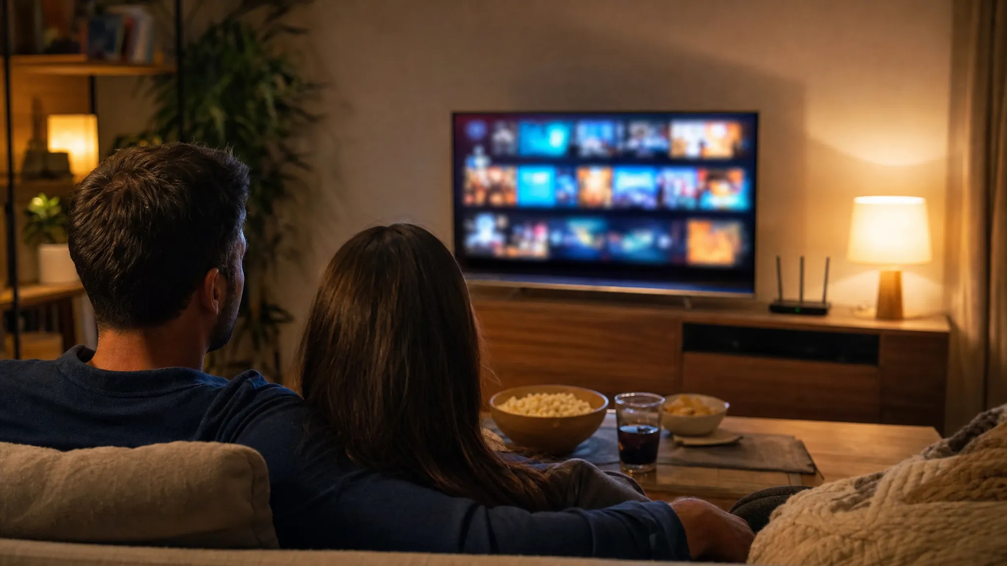 Couple watching streaming television in a warm living room