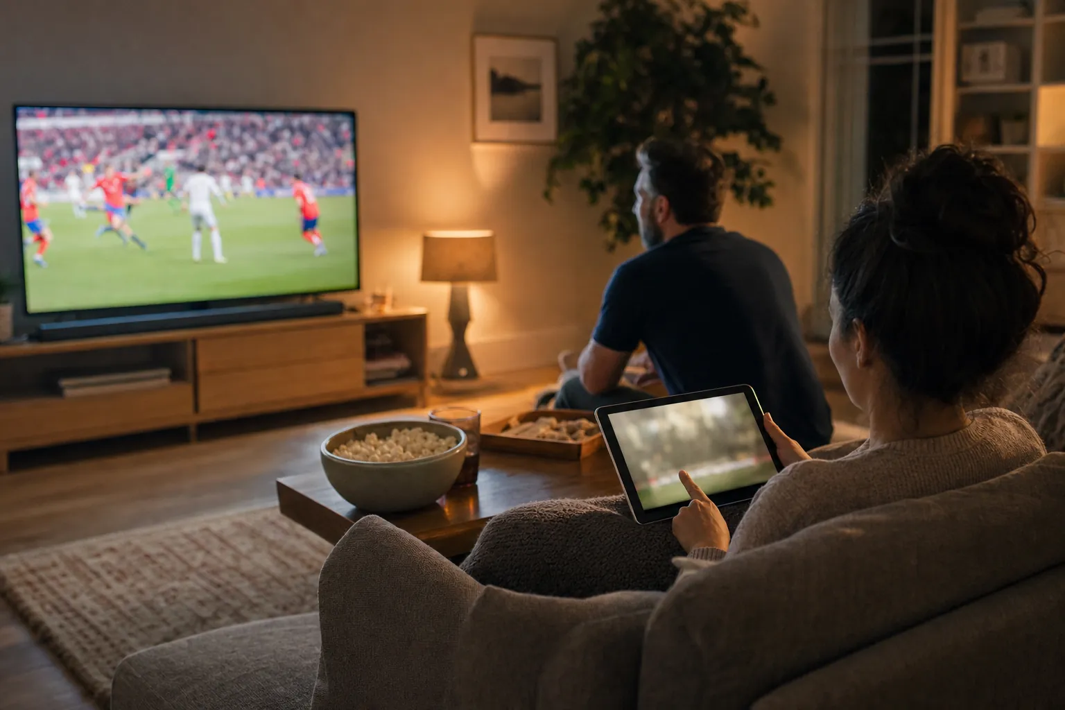 Two people using a television and tablet in the same living room