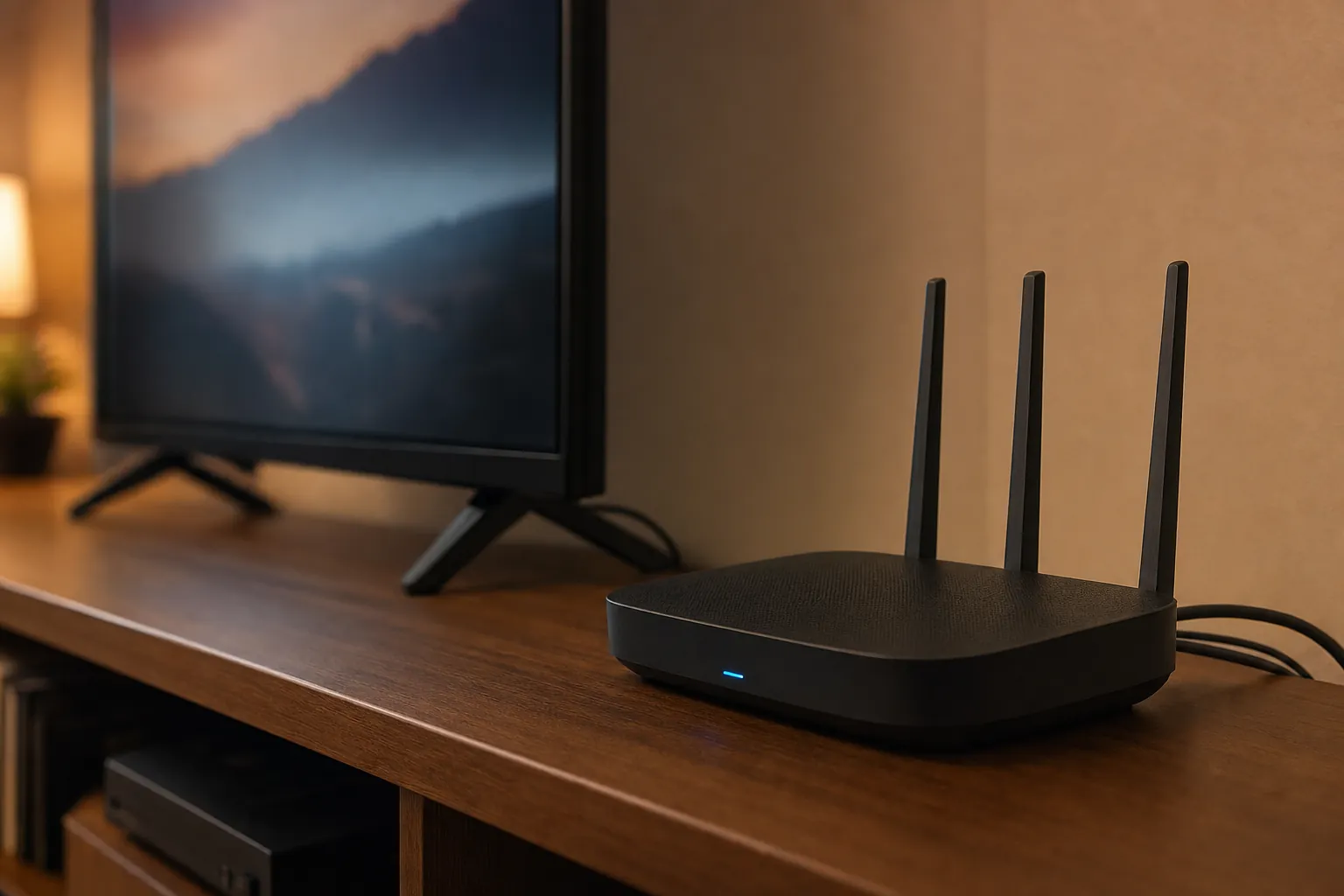Wi-Fi router beside a television on a media console