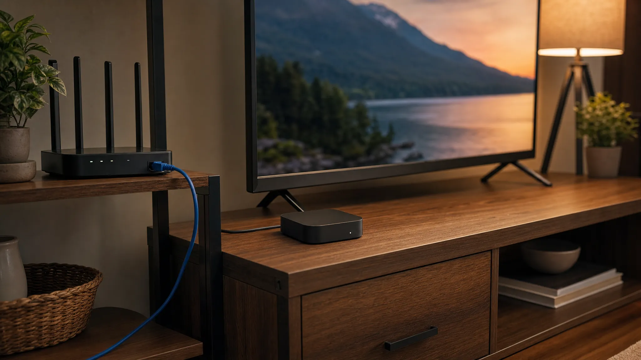 Home television, streaming device, and Wi-Fi router in a living room