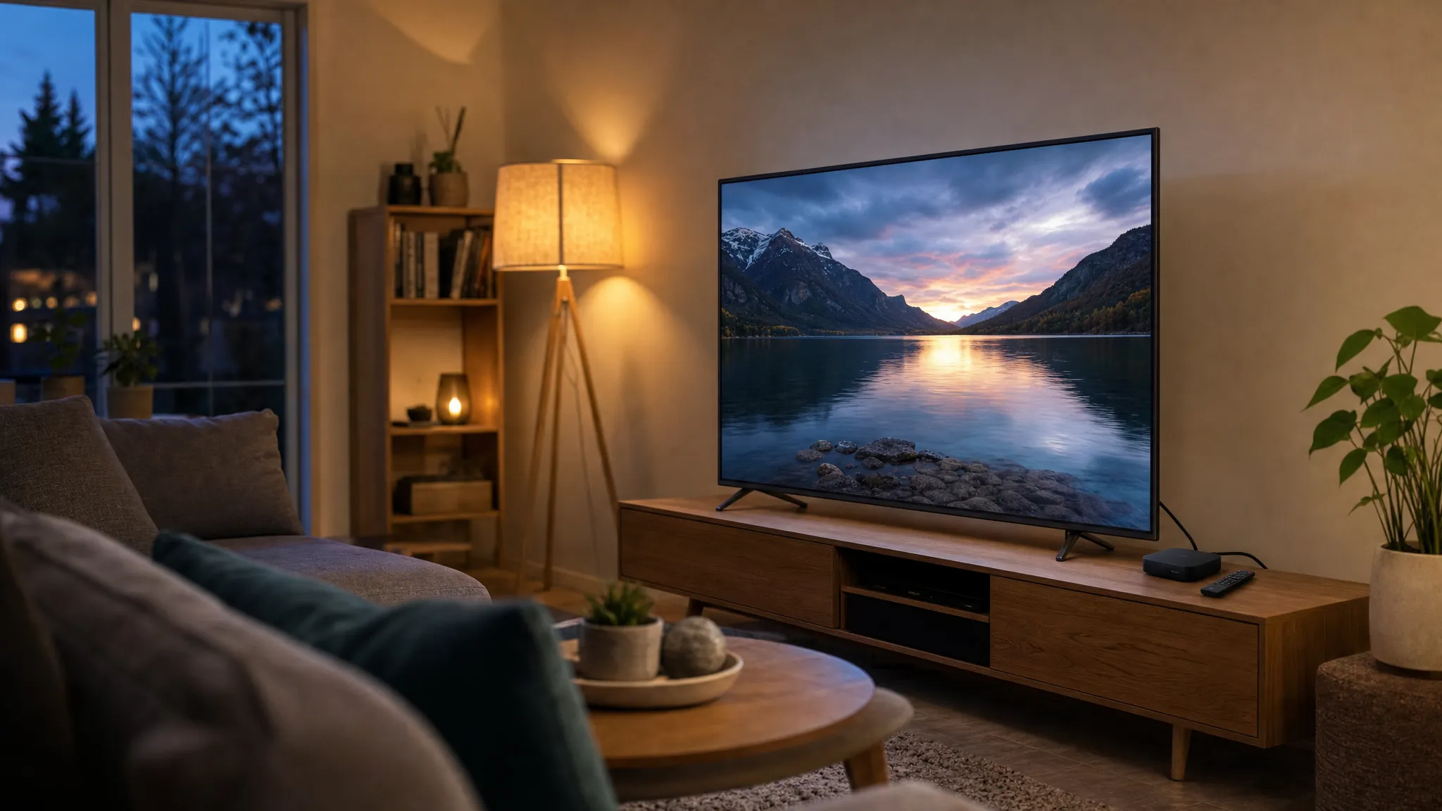 Streaming device beside a television in a warm living room