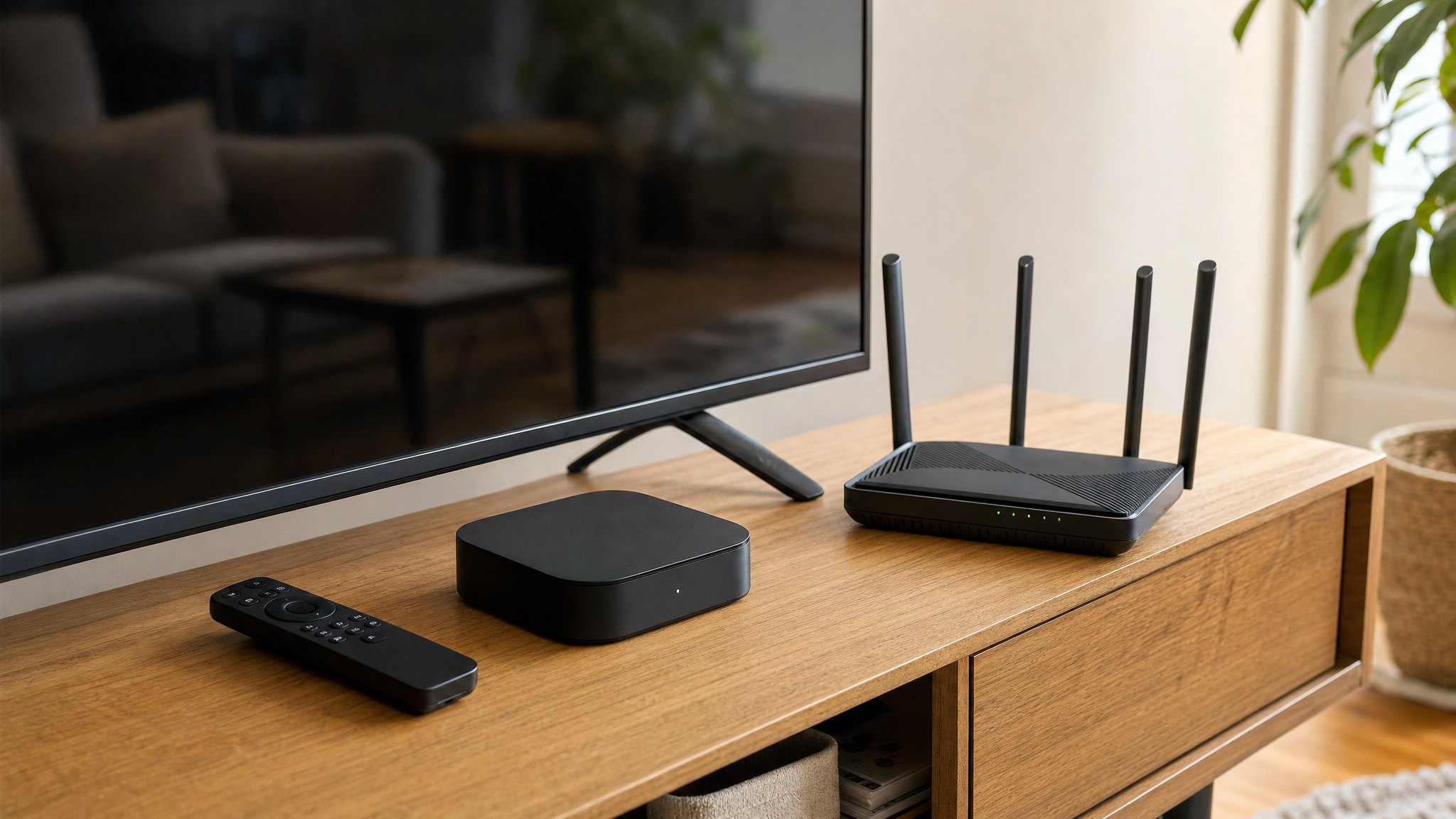 Streaming device, remote, and Wi-Fi router on a media console