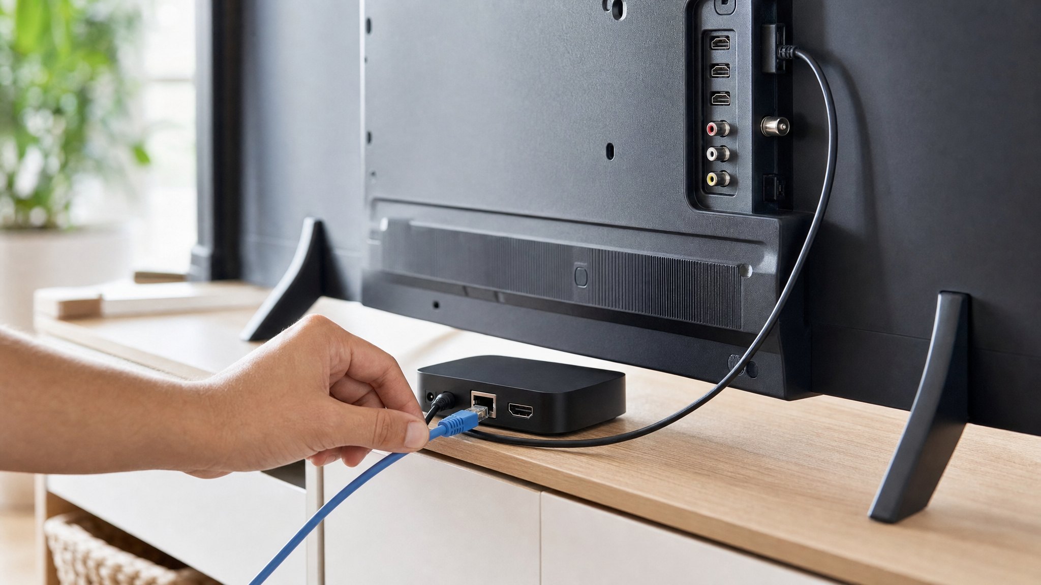 Ethernet cable being connected to a streaming device behind a television