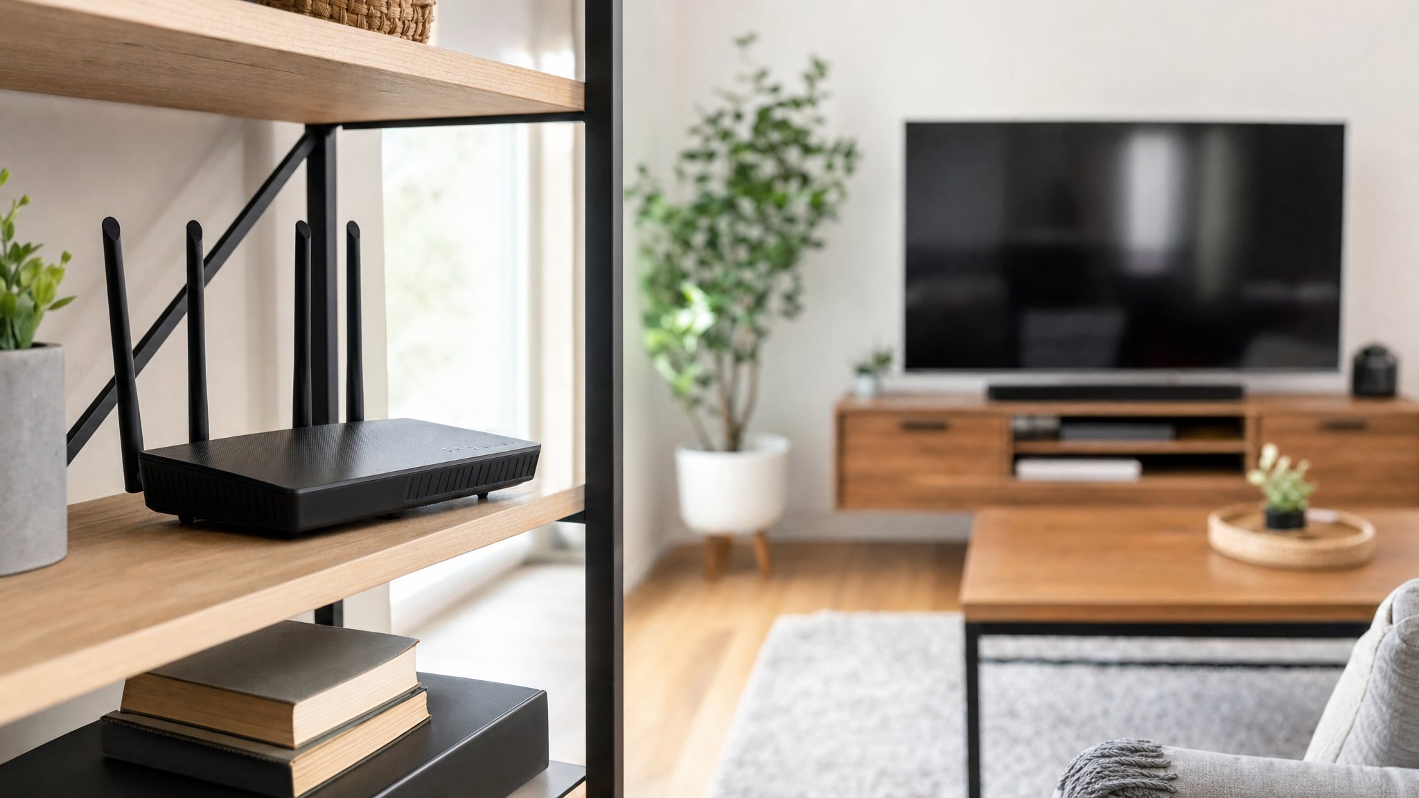 Wi-Fi router on an open shelf with a television in the room beyond