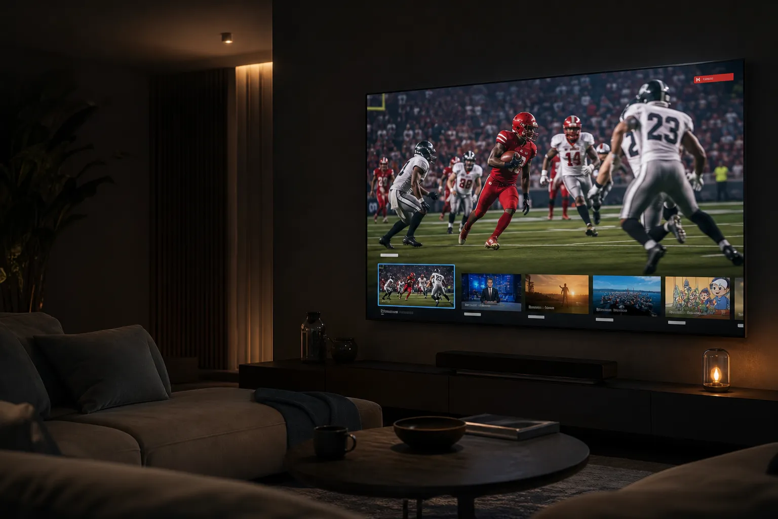 Premium home television setup showing a live football game and channel guide