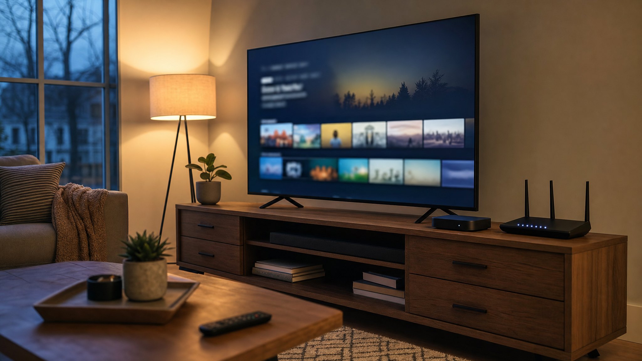 Television, streaming device, and Wi-Fi router in a warm living room