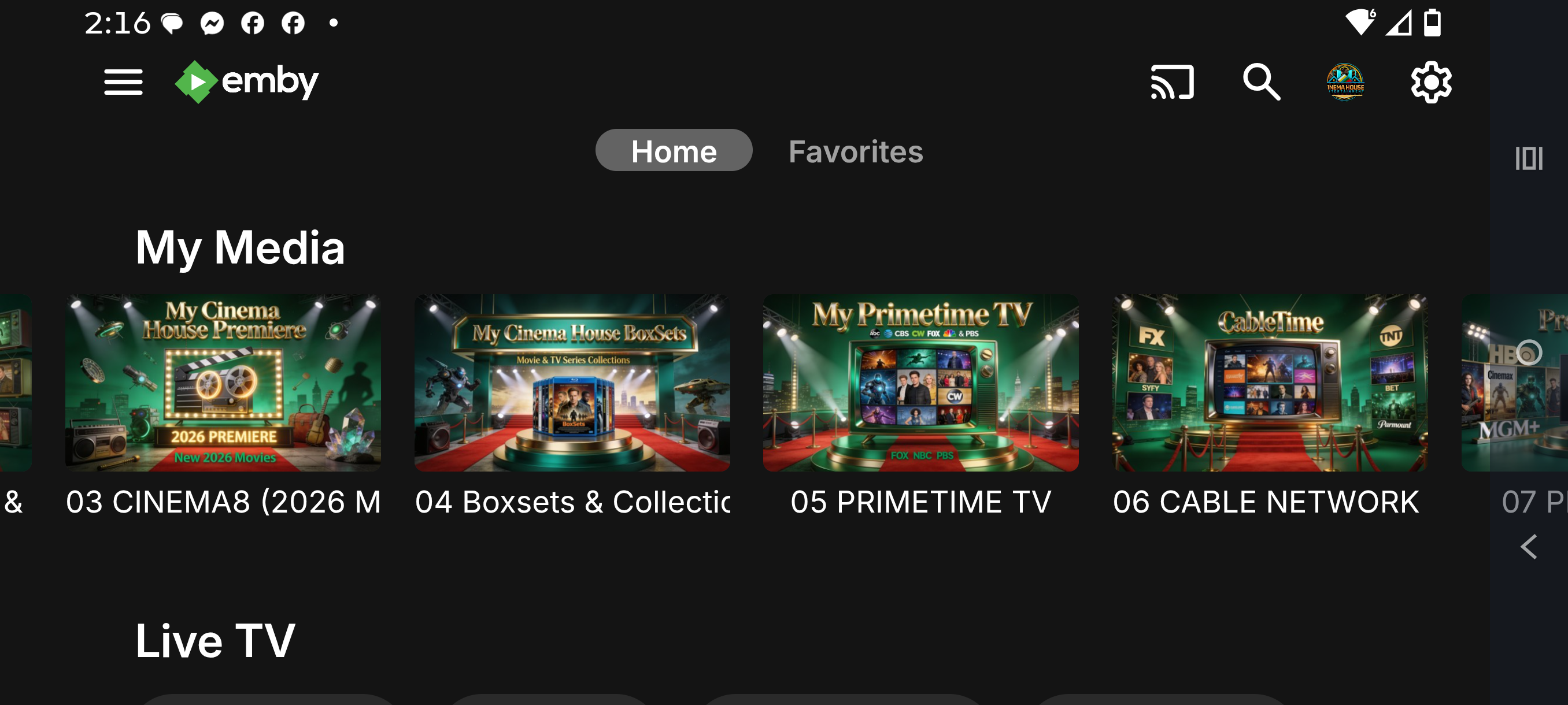 My Cinema House home screen with entertainment channels