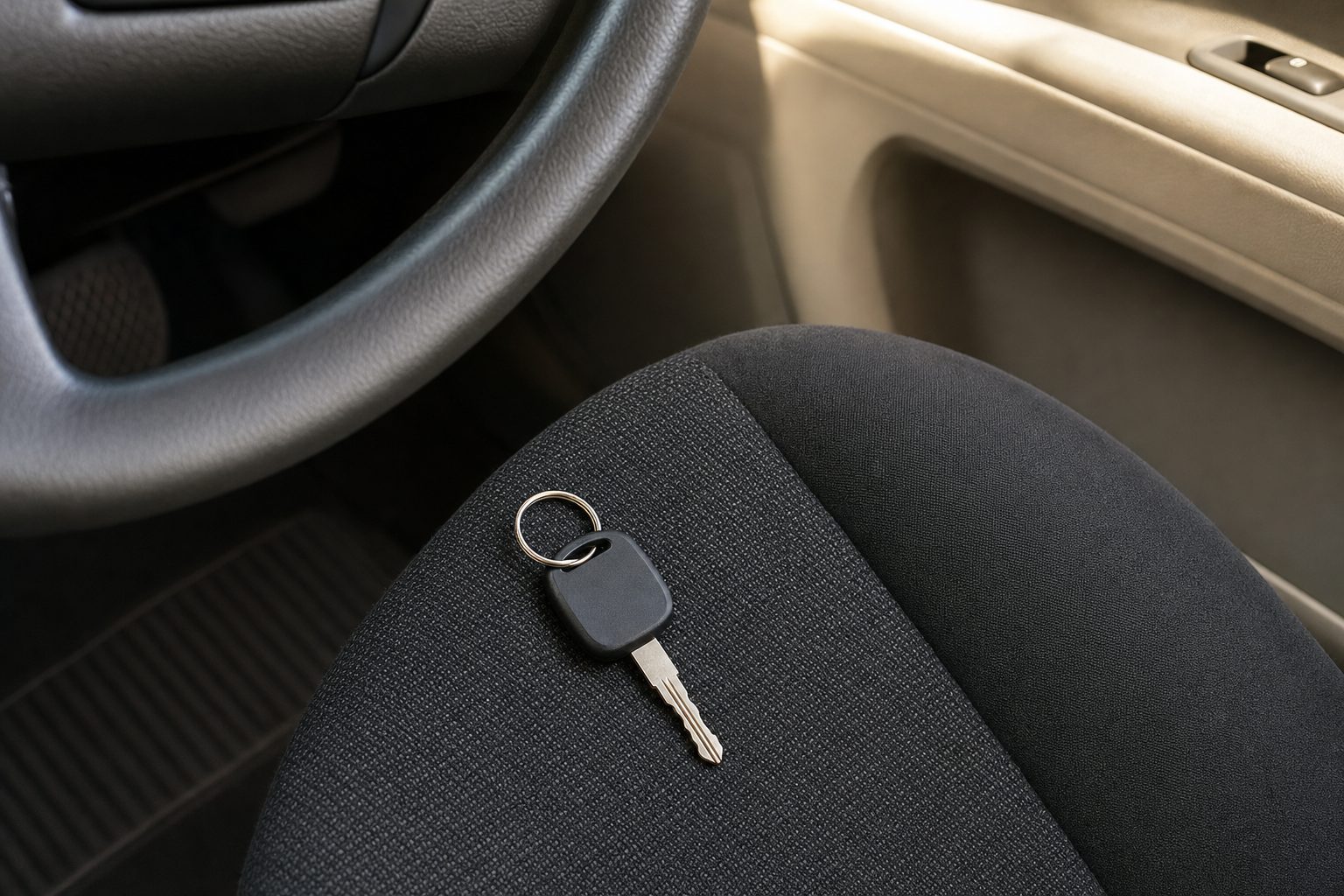 Car key resting on a charcoal cloth driver seat
