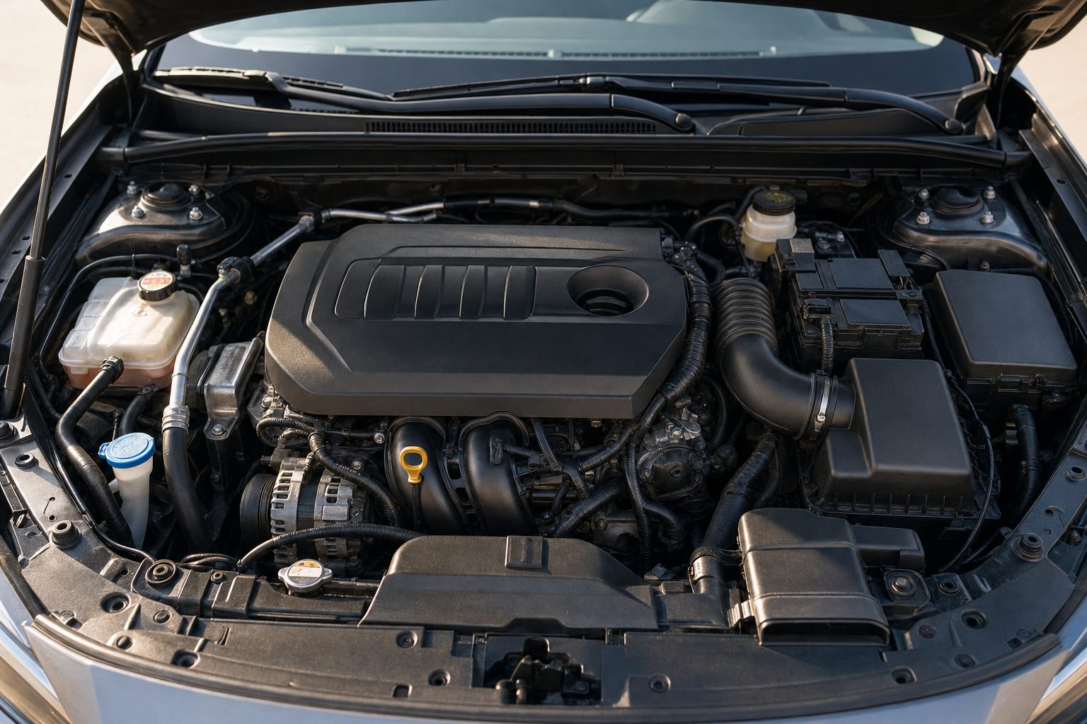 Close-up of a sedan engine compartment outdoors