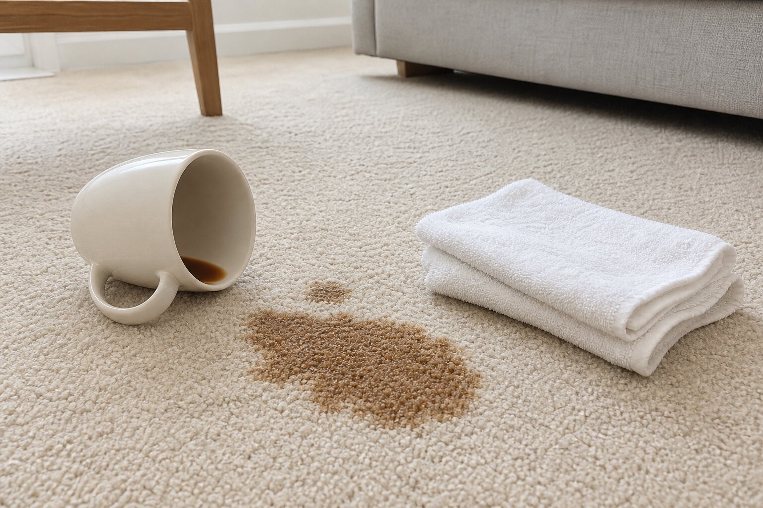 Spilled coffee beside clean white towels on a light carpet