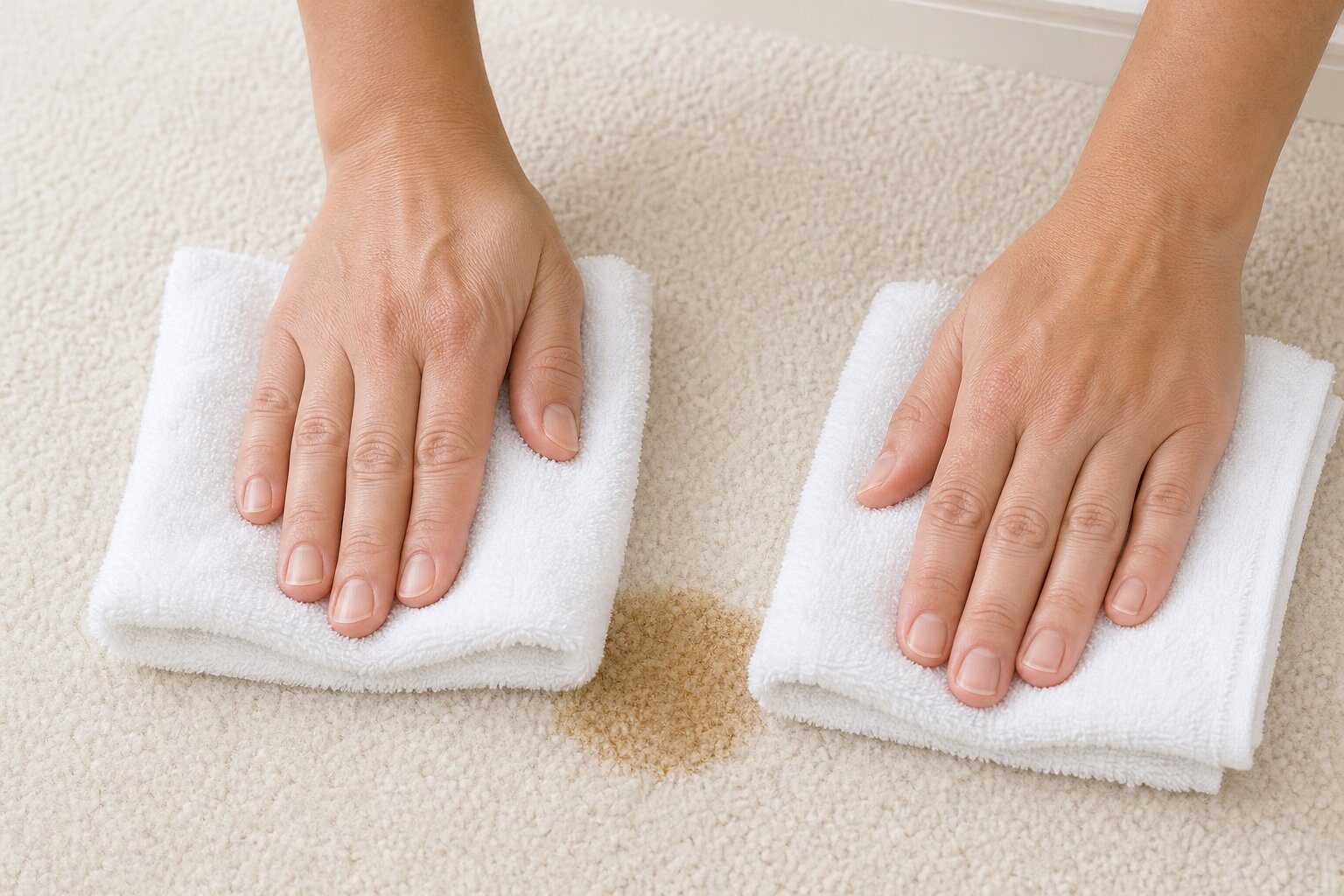 Hands pressing clean white towels onto a small coffee spill on pale carpet
